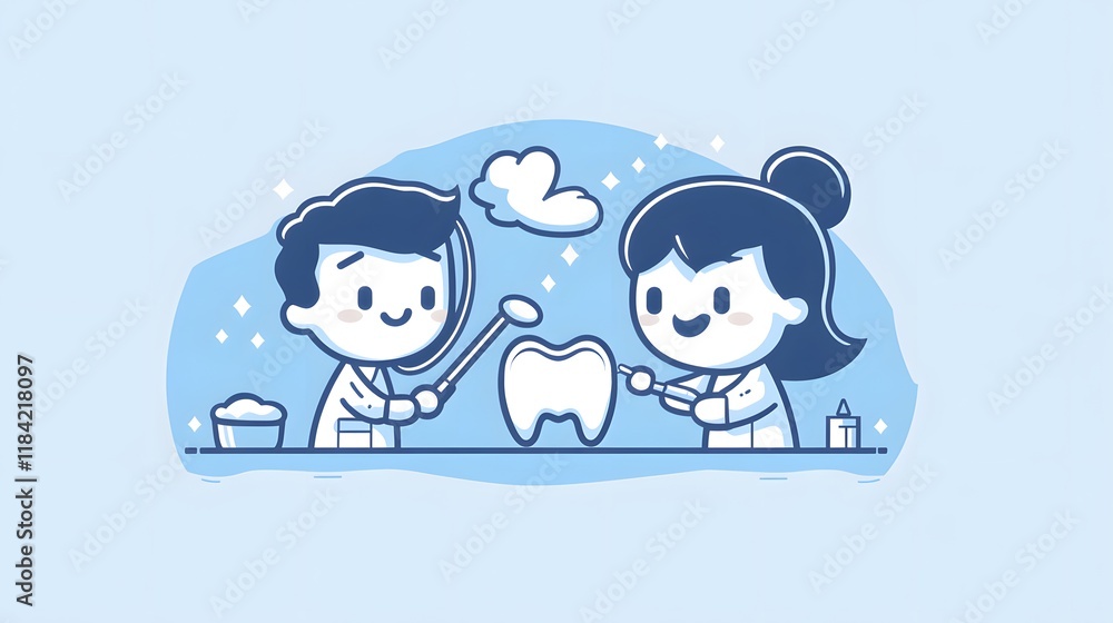 A flat vector illustration depicting two people holding tools around a tooth