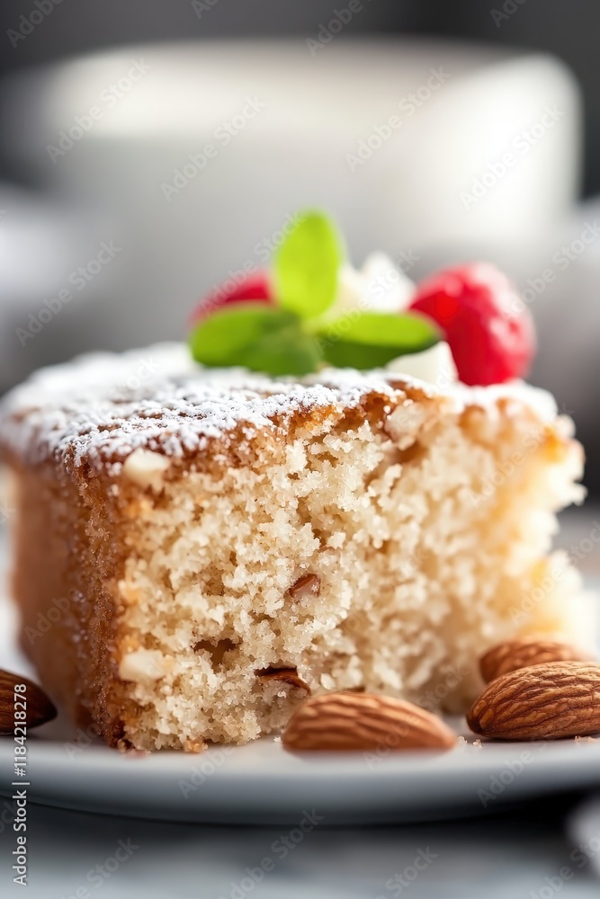 Deliciously Dense Almond Cake Slice with a Dusting of Powdered Sugar and Garnished with Fresh Berries on a White Plate Deliciously Dense Almond Cake Slice with a Dusting of Powdered Sugar and Garnished with Fresh Berries on a White Plate
