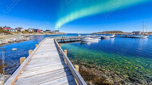 Wooden Dock  Northern Lights  Boats  Calm Water  Scenic Harbor Village photo