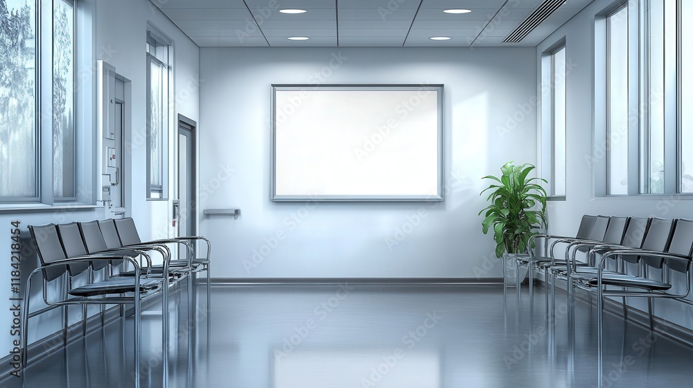 A Very Realistic Photograph of a Modern, Empty Interior Space with Waiting Area Chairs and a Blank Wall for Mockup Purposes A Very Realistic Photograph of a Modern, Empty Interior Space with Waiting Area Chairs and a Blank Wall for Mockup Purposes