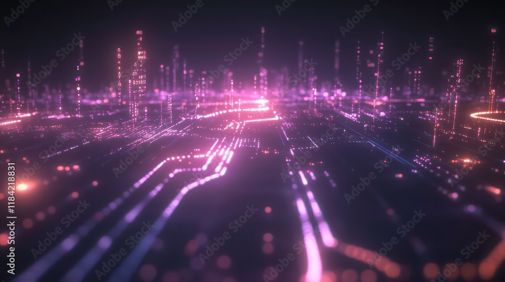 Obraz premium Futuristic city at night, glowing lines and buildings, abstract digital cityscape.