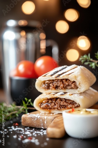 Deliciously Grilled Arayes Served in Pita Bread, Stuffed with Spiced Minced Meat, Accompanied by Fresh Ingredients and Sauces for a Flavorful Middle Eastern Delight photo