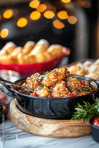 A Delicious Bowl of Spicy Tamari Fish Stew Garnished with Fresh Herbs, Showcasing the Perfect Blend of Sour and Spicy Flavors in a Cozy Setting with Seasonal Decor photo