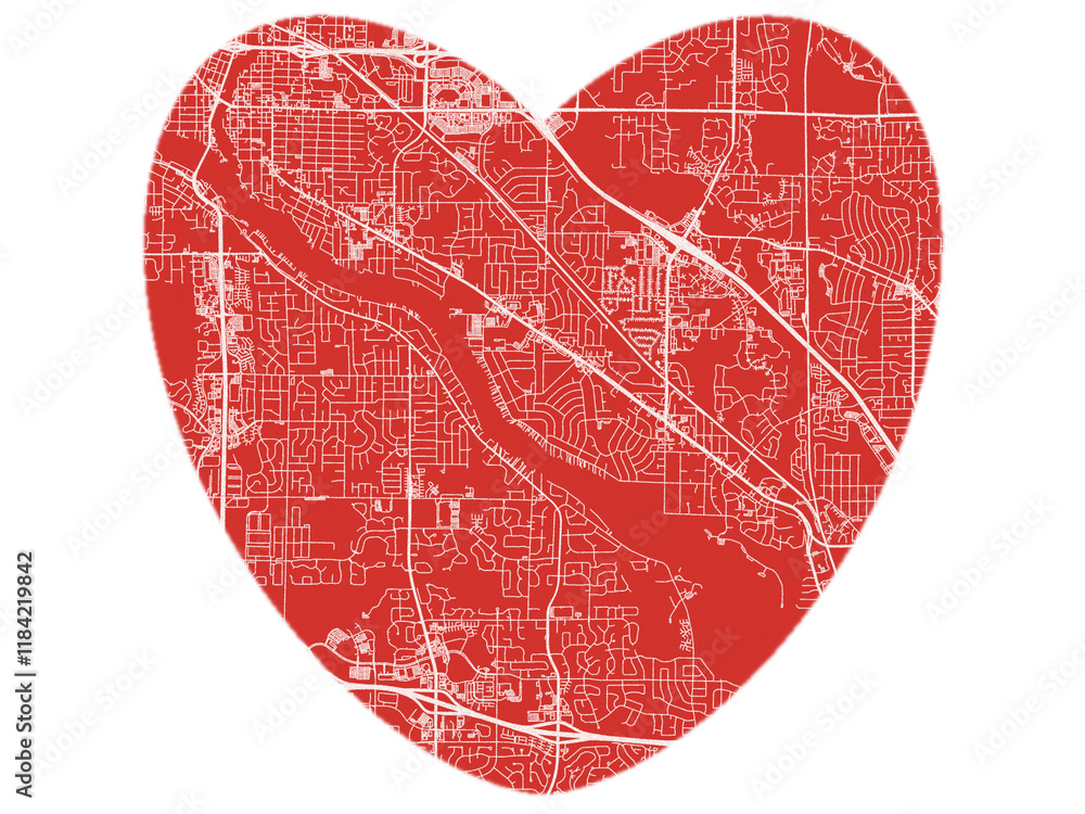 Heart-Shaped Map of West Coon Rapids  Minnesota, USA in Bold Red and White Design.