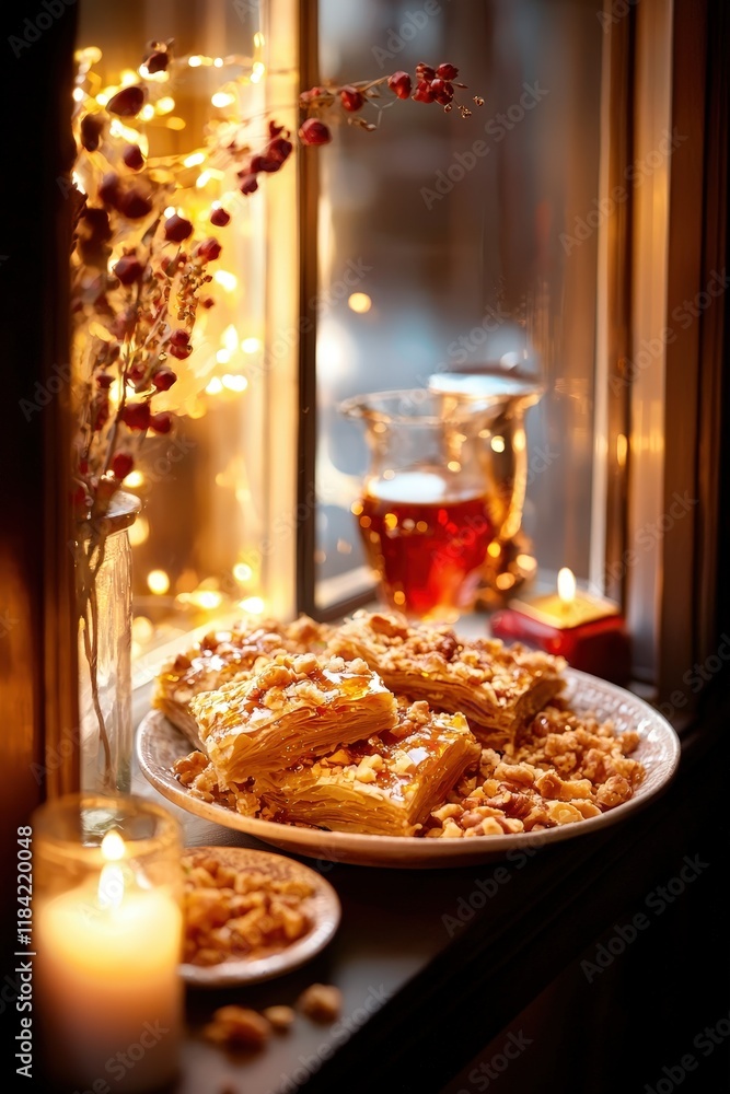 Obraz premium Delightful Experience of Middle Eastern Baklava Pastry with Layers of Filo Woven Together, Perfectly Plated by a Warm Window Surrounded by Soft Lighting and Tea