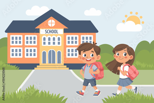 Back to school banner. Two school children going to school with backpacks. Illustration in flat style.