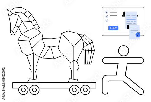 Trojan horse and a human figure with an online payment receipt. Ideal for cybersecurity, fraud prevention, online threats, awareness campaigns, digital safety, data protection, abstract line flat