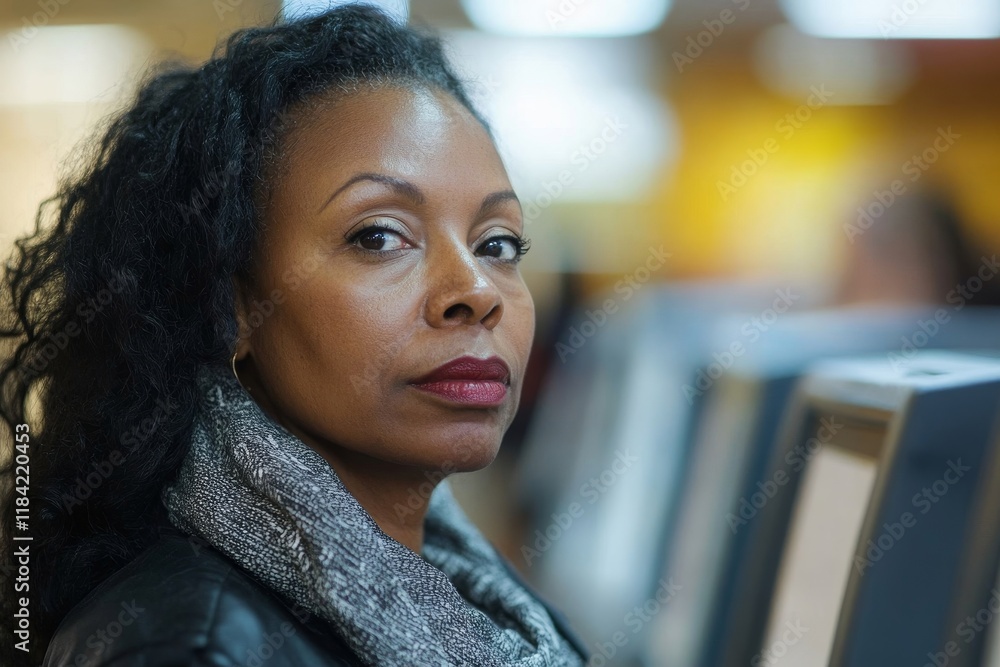 Black female citizen voting at polling station during elections in USA. Generative AI