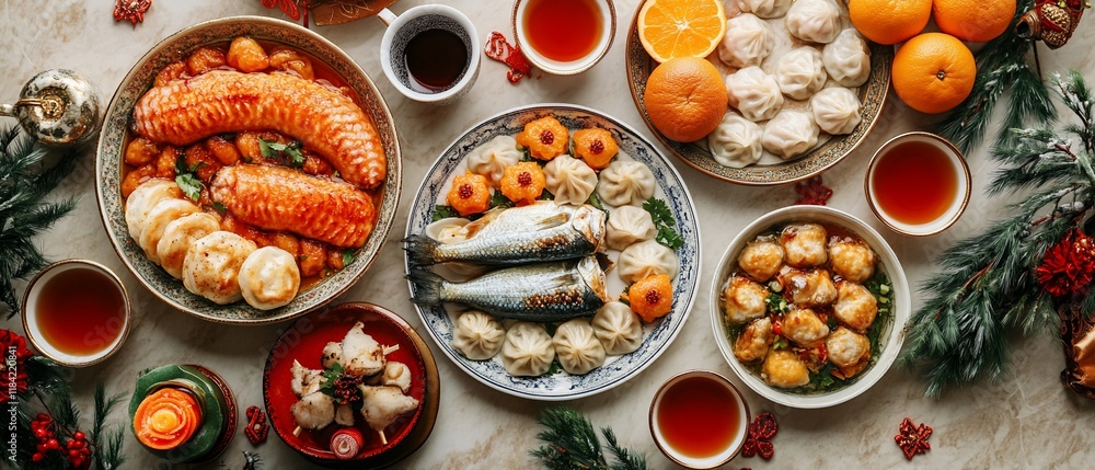 Festive Asian New Year's feast, table setting, delicious food Festive Asian New Year's feast, table setting, delicious food