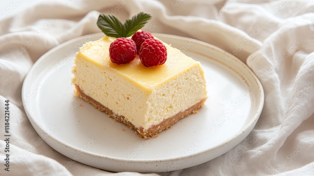 Creamy cheesecake slice garnished with fresh raspberries and min Creamy cheesecake slice garnished with fresh raspberries and min