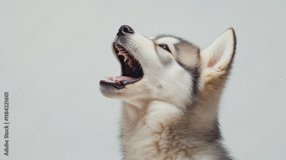 Adorable howling Malamute puppy in side view, showcasing its expressive mouth and playful demeanor. This captures essence of joy and liveliness in young dog Adorable howling Malamute puppy in side view, showcasing its expressive mouth and playful demeanor. This captures essence of joy and liveliness in young dog