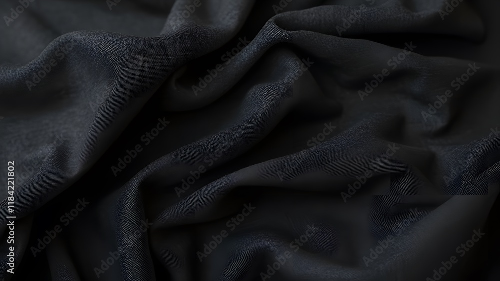 Fototapeta premium Close-up Black Linen Fabric Texture, Subtle Wrinkles and Folds for Backgrounds