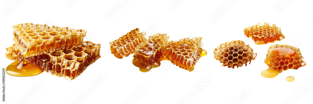 A collection of honeycomb pieces dripping with honey, showcasing their natural hexagonal structure and rich, golden color. A collection of honeycomb pieces dripping with honey, showcasing their natural hexagonal structure and rich, golden color.