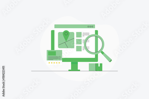 Local SEO concept, Local business listing on search engine result page, Business location on search engine. Vector illustration line artwork.