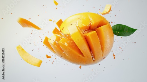 A mango mid-explosion, with golden slices flying outward and a vibrant green leaf adding contrast on a bright white background. The lifelike textures are detailed in ultra-clear 4K. photo