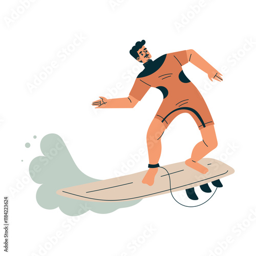 Sport with Man Character Ride Surfboard Engaged in Physical Activity Vector Illustration