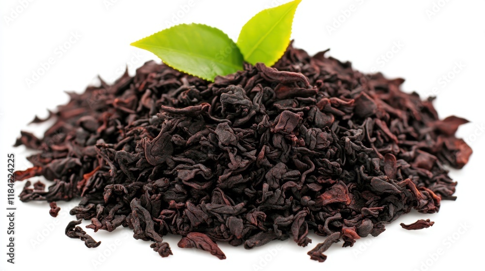A pile of dried black tea leaves with a green tea leaf on top. A pile of dried black tea leaves with a green tea leaf on top.