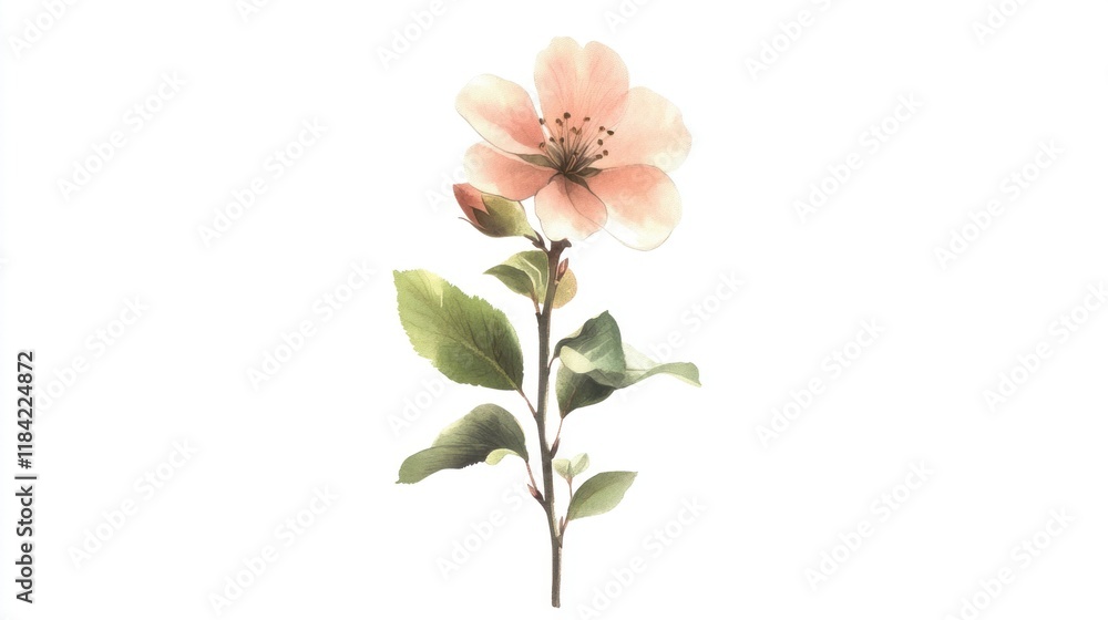 A single quince flower branch illustrated in delicate watercolor, with soft pink petals and bright green leaves on a pure white background. Captured in sharp 4K. A single quince flower branch illustrated in delicate watercolor, with soft pink petals and bright green leaves on a pure white background. Captured in sharp 4K.