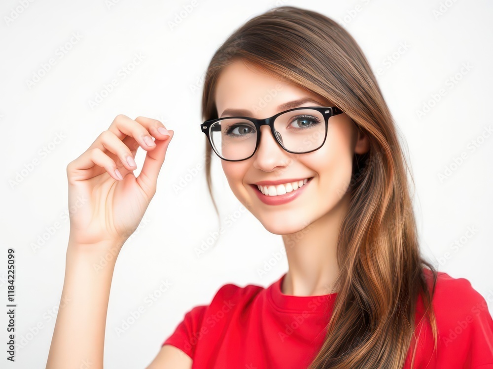 Young woman trying on glasses on white background Young woman trying on glasses on white background