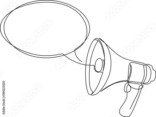 continuous single line drawing of a megaphone with speech bubble, announcement message concept line art vector illustration