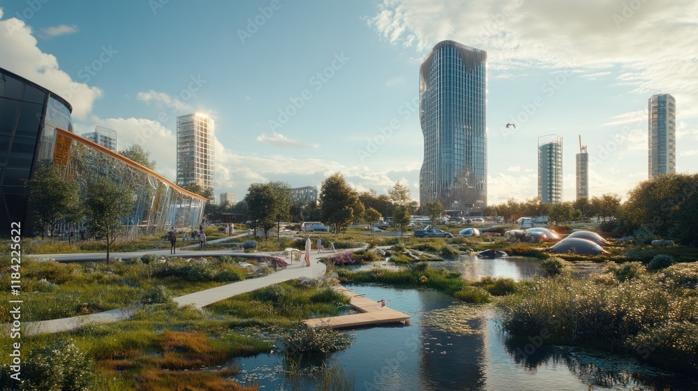 Naklejka premium A sustainable future city with the Swedbank building, surrounded by eco-friendly public spaces, renewable energy farms, and automated waste management. Captured in sharp 4K resolution