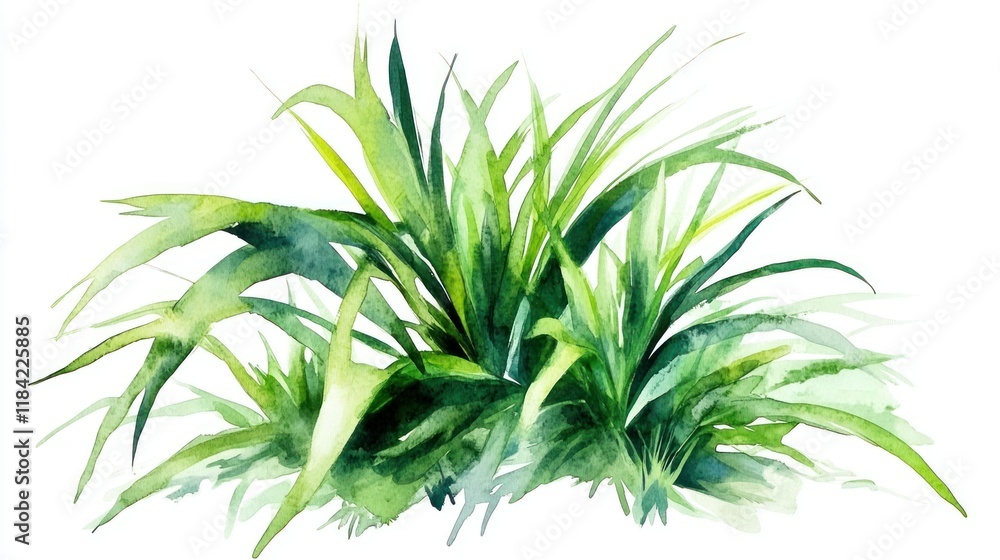 Obraz premium A vivid watercolor rendering of a palm plant, its flowing green fronds radiating tropical elegance against a clean white backdrop in 4K resolution.