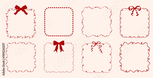 Vintage square frames with bows, wavy lines, ribbons. Trendy hand drawn linear vector for wedding invitations, prints, birthday card

