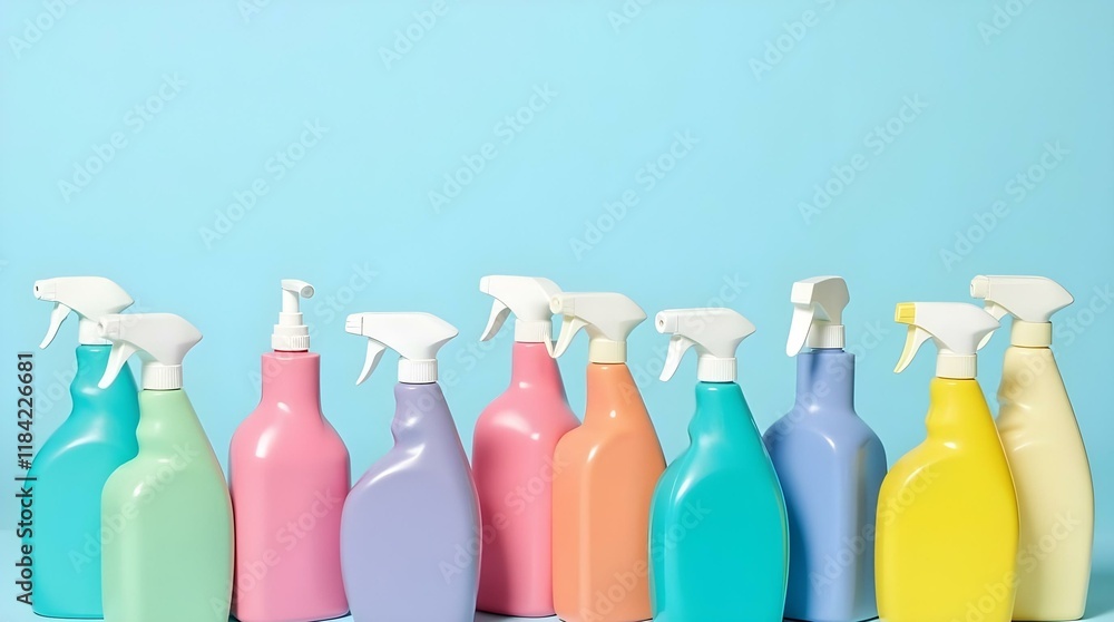 A collection of pastel-colored spray bottles of various shapes and sizes arranged in a playful, artistic composition against a bright blue background A collection of pastel-colored spray bottles of various shapes and sizes arranged in a playful, artistic composition against a bright blue background