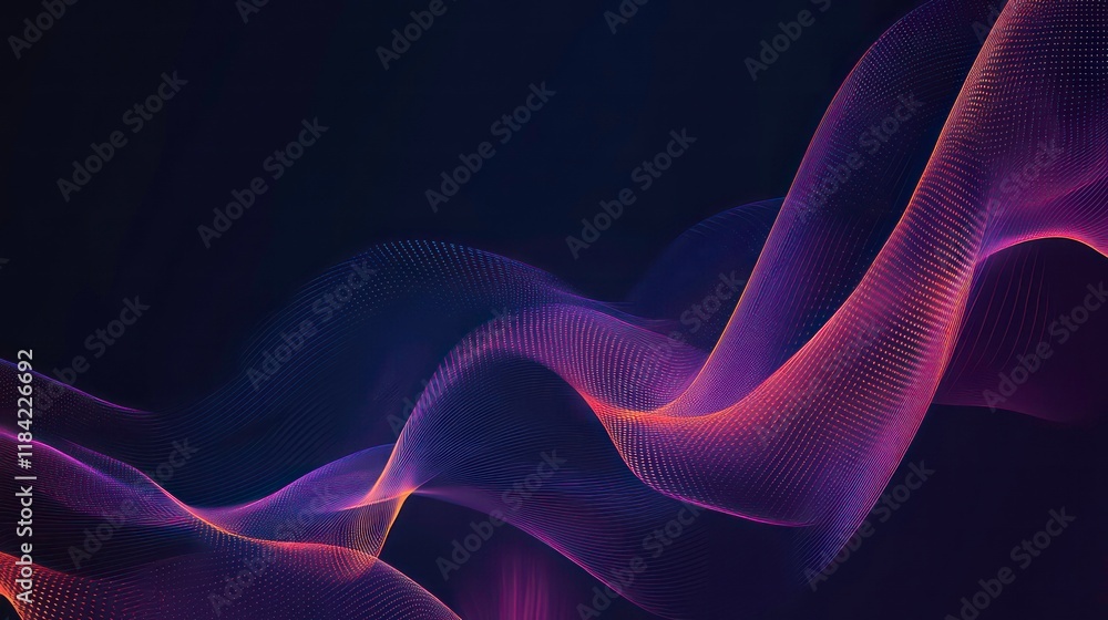 Fototapeta premium Abstract flowing purple and orange waves on dark background.
