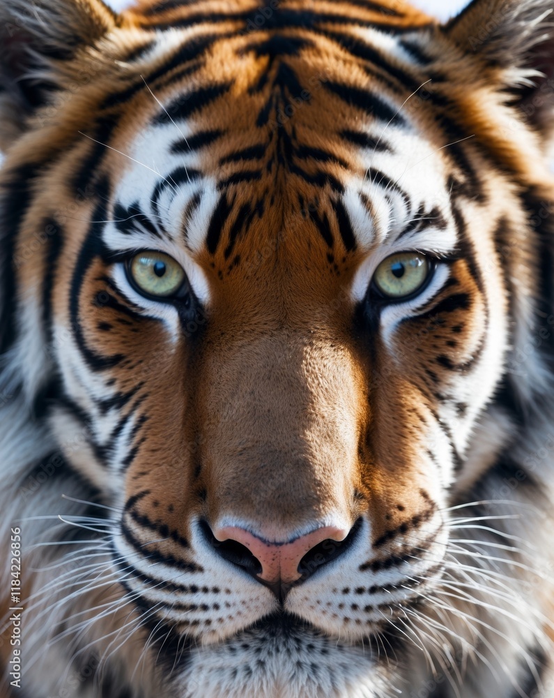 A close up of a tiger's face with green eyes. A close up of a tiger's face with green eyes.