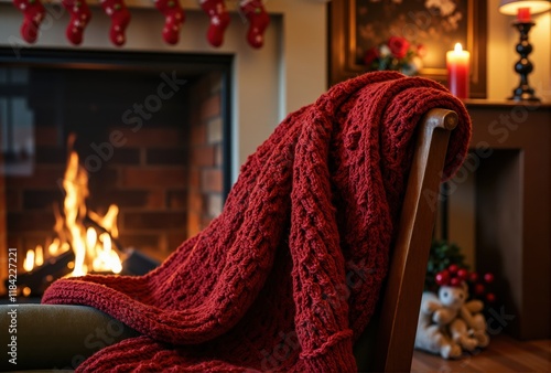 Red Knit Throw on Wooden Chair by Fireplace with Christmas Stockings