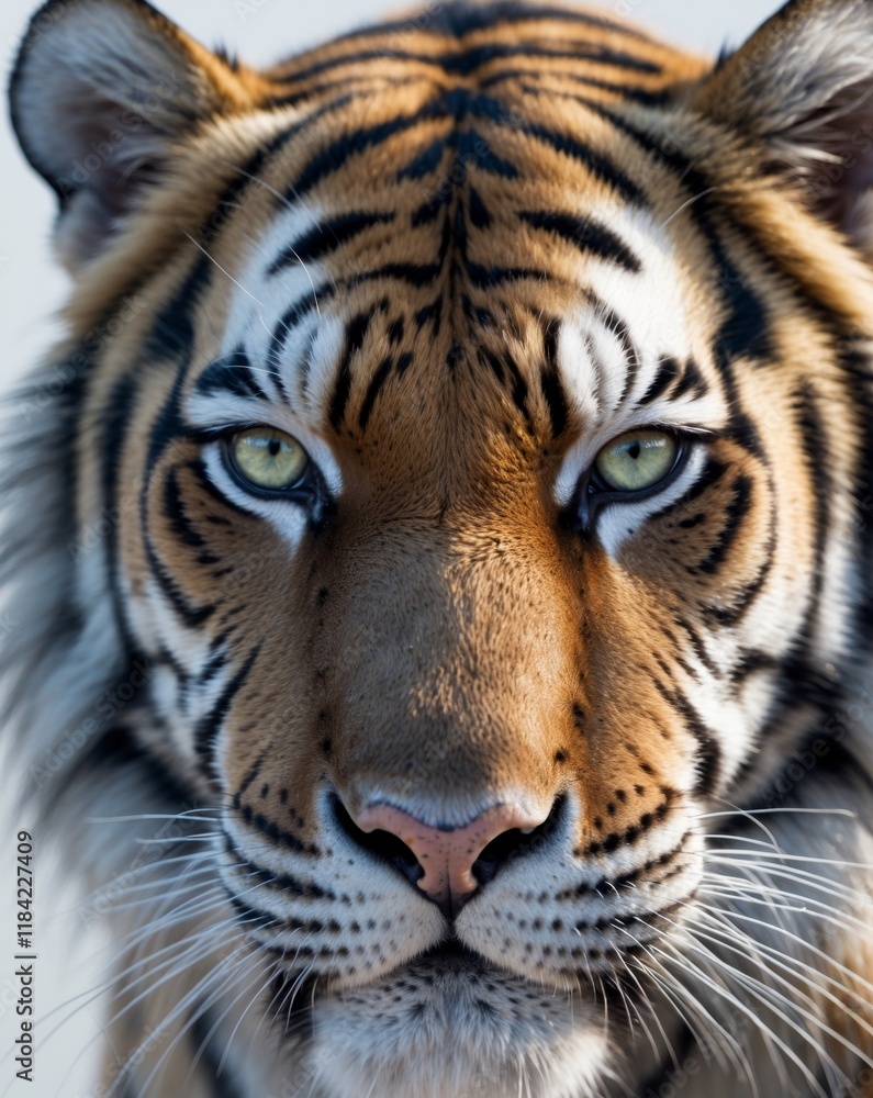 Obraz premium A close up of a tiger's face with green eyes.