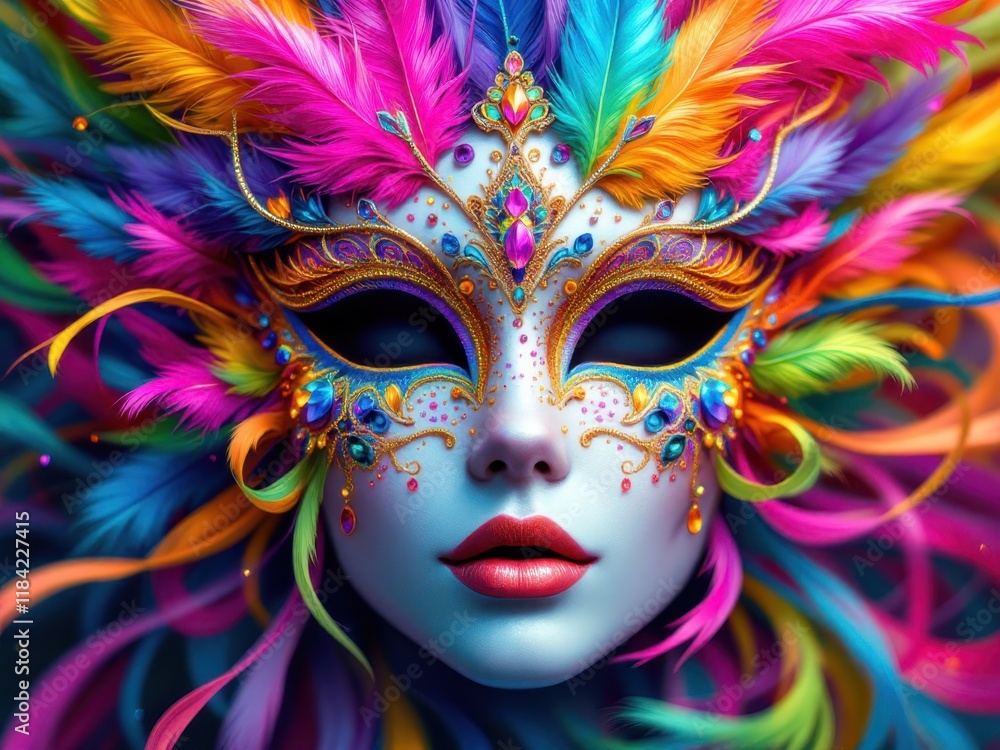 Vibrant carnival mask with feathers and gems adorning face Vibrant carnival mask with feathers and gems adorning face