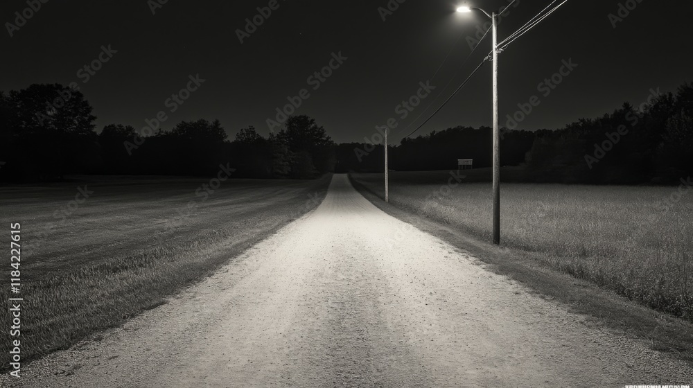 Lonely country road at night, illuminated by a single lamppost. Lonely country road at night, illuminated by a single lamppost.