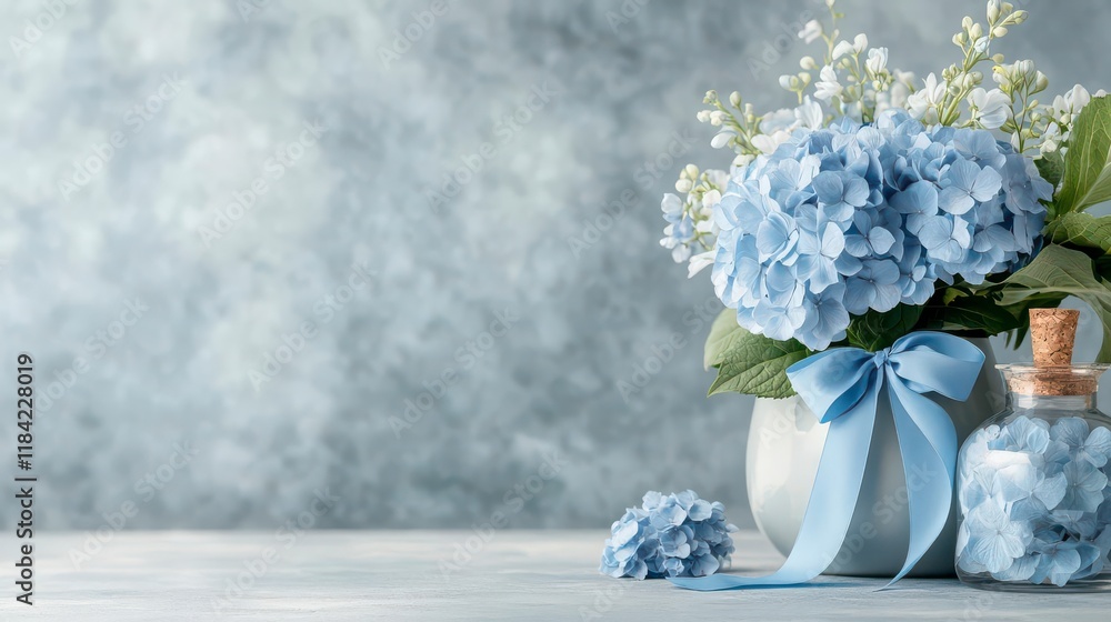 Fototapeta premium Serene Blue Hydrangeas in Vase, Delicate Blooms, Peaceful Serenity.