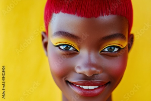 Stunning happy black girl - for ads, advertisement and web marketing use. Commercial promotion conceptual art. Short hairdo - red hair. Black woman fashion. Commercial photography shoot. photo