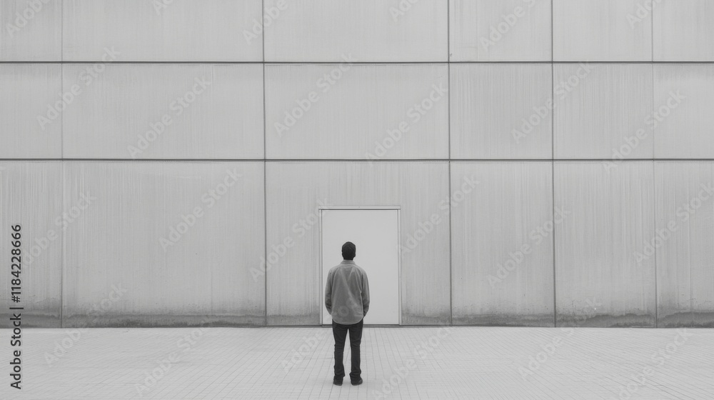 Fototapeta premium Man facing a single door on a large, grey wall.