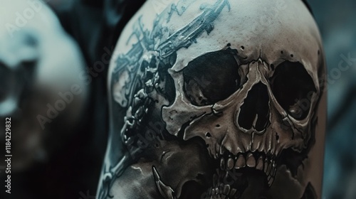 Dynamic tattoo sleeve highlighting realistic skulls and flowing, elegant script. Gothic influences meet light grey tones and dark shading, with an artistic composition captured in stunning 4K clarity.