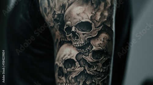 Dynamic tattoo sleeve highlighting realistic skulls and flowing, elegant script. Gothic influences meet light grey tones and dark shading, with an artistic composition captured in stunning 4K clarity.