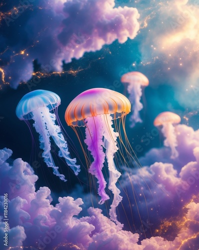 Colorful jellyfish drifting through an abstract ocean background filled with vibrant hues and magical light effects