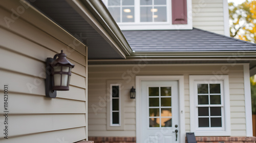 Wallpaper Mural Exterior view of a house featuring beige vinyl siding, a dark gray roof, white windows and door, and a dark brown wall-mounted light fixture.  A brick foundation is partially visible. Torontodigital.ca