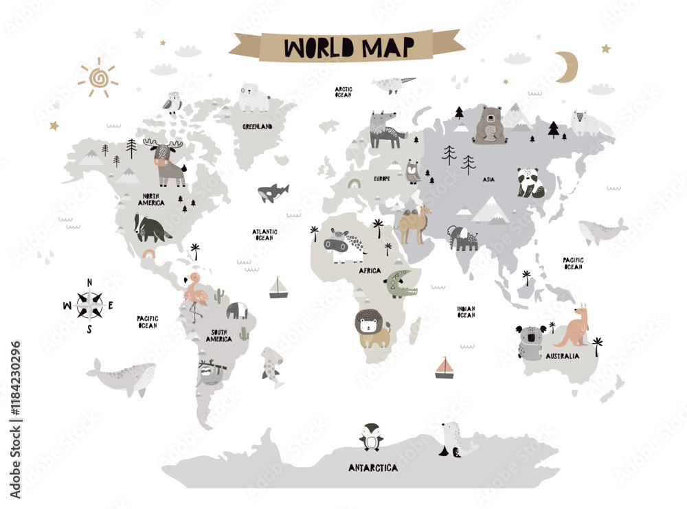 custom made wallpaper toronto digitalVector world map for kids with cute animals. Children's map design for wallpaper, kid's room, wall art. America, Europa, Asia, Africa, Australia, Arctica. illustration. Animal world. Continents.