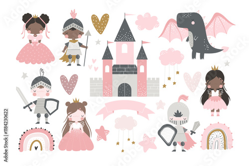 Vector set with cute princesses in pink dresses, knights in armor, castle, rainbow and dragon. Prince, king and queen. Fairytale characters. Little princess. Baby girl. Hand drawn illustration.