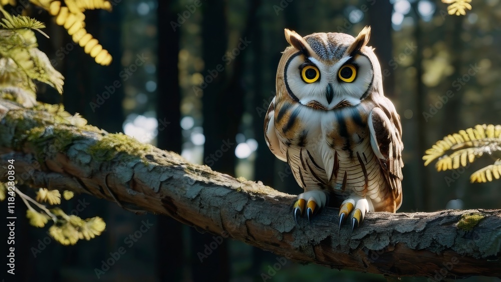 A small owl is perched on a tree branch A small owl is perched on a tree branch