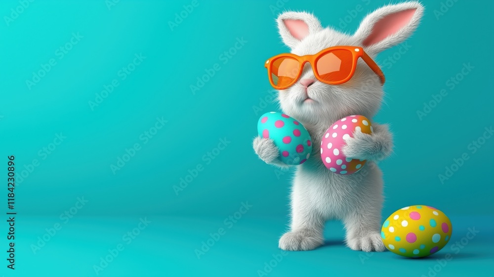 Fototapeta premium A fluffy white bunny wearing orange sunglasses holds colorful Easter eggs against a turquoise background.