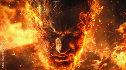 Fiery demon face with bright flames. Suitable for fantasy book covers, horror movie posters and themed games. photo