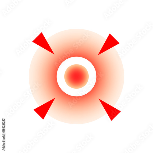 Pain target with red circle marking sore spot. Ache area symbol used in medical advertisements. Localization sign for discomfort zone. Abstract hurt icon