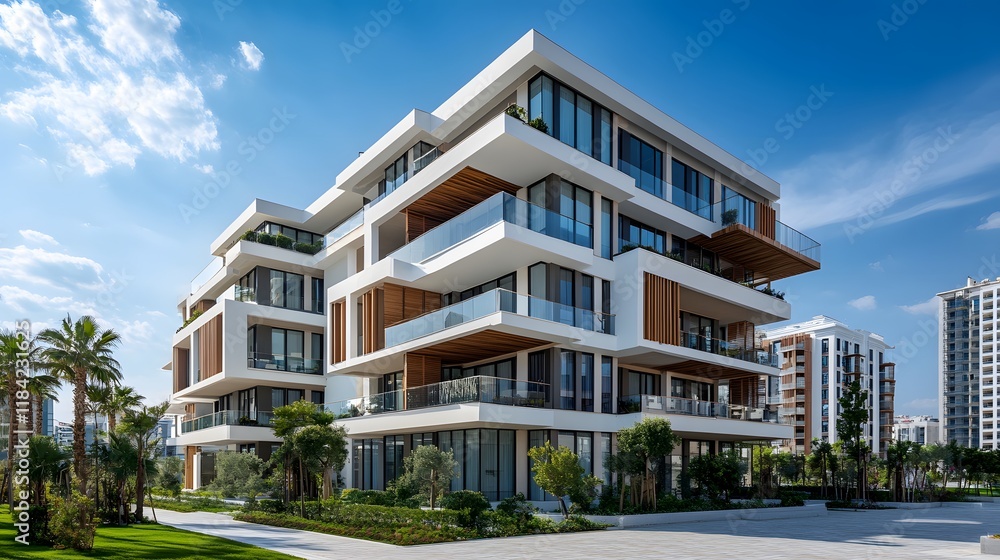Contemporary apartment building showcases minimalist architecture with geometric balconies and glass railings, featuring clean white concrete lines against bright blue sky backdrop. Contemporary apartment building showcases minimalist architecture with geometric balconies and glass railings, featuring clean white concrete lines against bright blue sky backdrop.