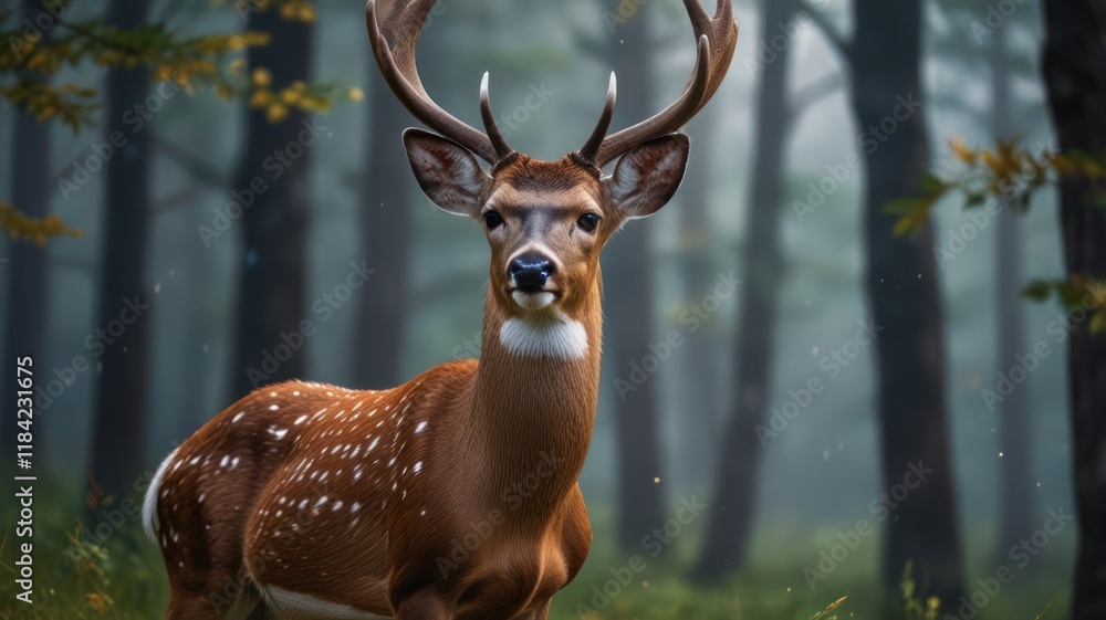 Fototapeta premium Majestic deer with large antlers in misty forest.