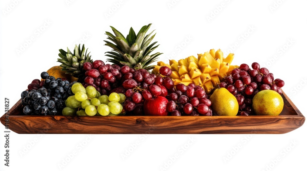 A vibrant assortment of fresh fruits arranged on a wooden tray for a healthy display. A vibrant assortment of fresh fruits arranged on a wooden tray for a healthy display.